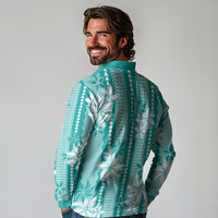 Hawaii Kakau Tribal Long Sleeve Polo Shirt With Teal Tiare LT05 - Polynesian Pride