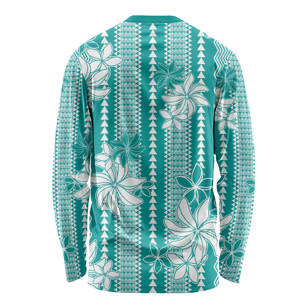Hawaii Kakau Tribal Long Sleeve Shirt With Teal Tiare