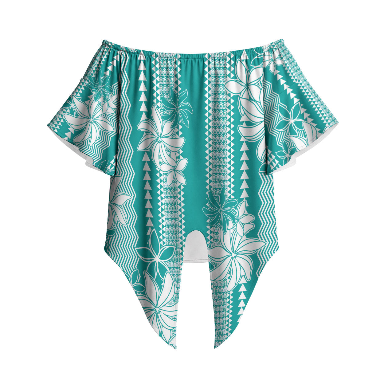 Hawaii Kakau Tribal Off Shoulder Wrap Waist Top With Teal Tiare LT05 Teal - Polynesian Pride