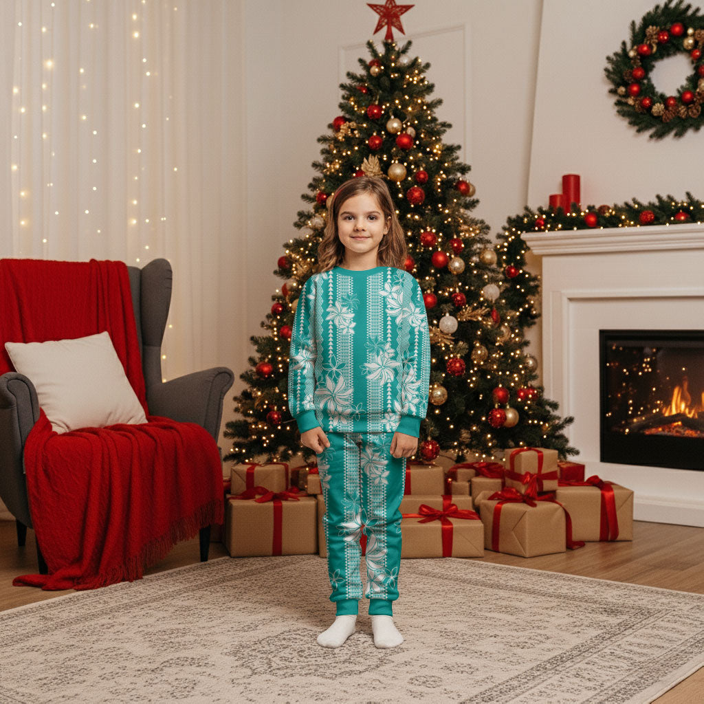 Hawaii Kakau Tribal Christmas Pajama Set With Teal Tiare LT05 Kid Teal - Polynesian Pride