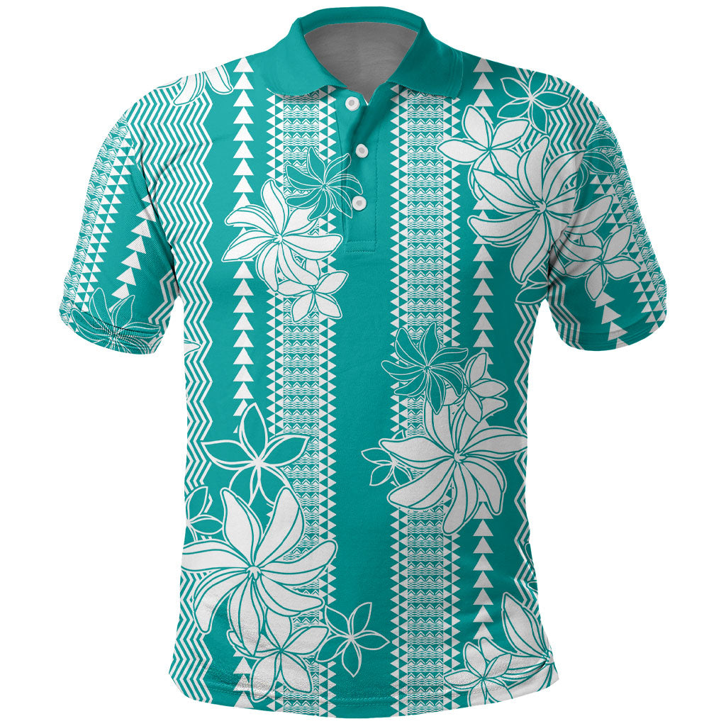 Hawaii Kakau Tribal Polo Shirt With Teal Tiare LT05 Teal - Polynesian Pride