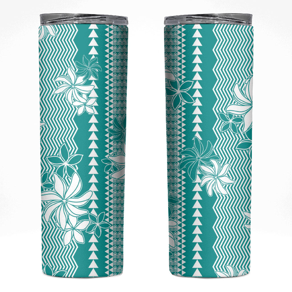Hawaii Kakau Tribal Skinny Tumbler With Teal Tiare