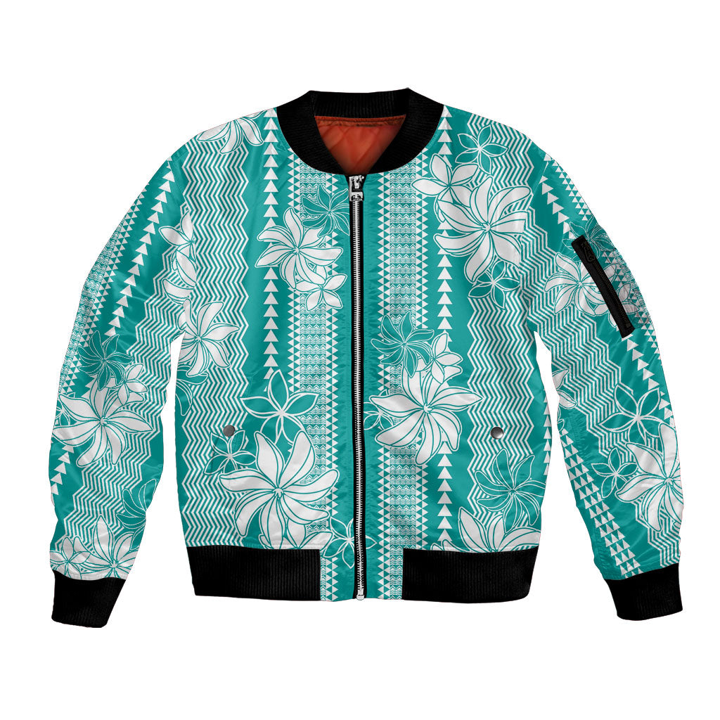 Hawaii Kakau Tribal Sleeve Zip Bomber Jacket With Teal Tiare