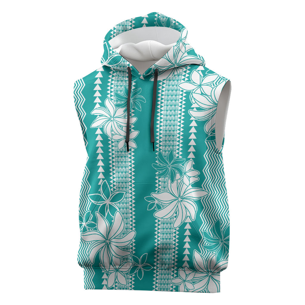 Hawaii Kakau Tribal Sleeveless Hoodie With Teal Tiare