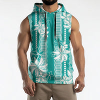 Hawaii Kakau Tribal Sleeveless Hoodie With Teal Tiare