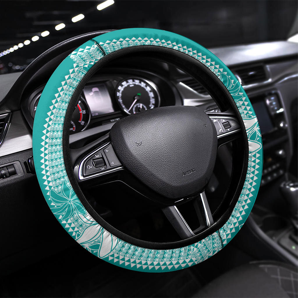 Hawaii Kakau Tribal Steering Wheel Cover With Teal Tiare