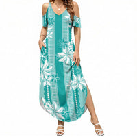 Hawaii Kakau Tribal Summer Maxi Dress With Teal Tiare LT05 Women Teal - Polynesian Pride