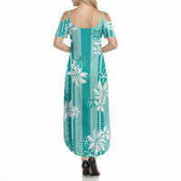 Hawaii Kakau Tribal Summer Maxi Dress With Teal Tiare LT05 - Polynesian Pride