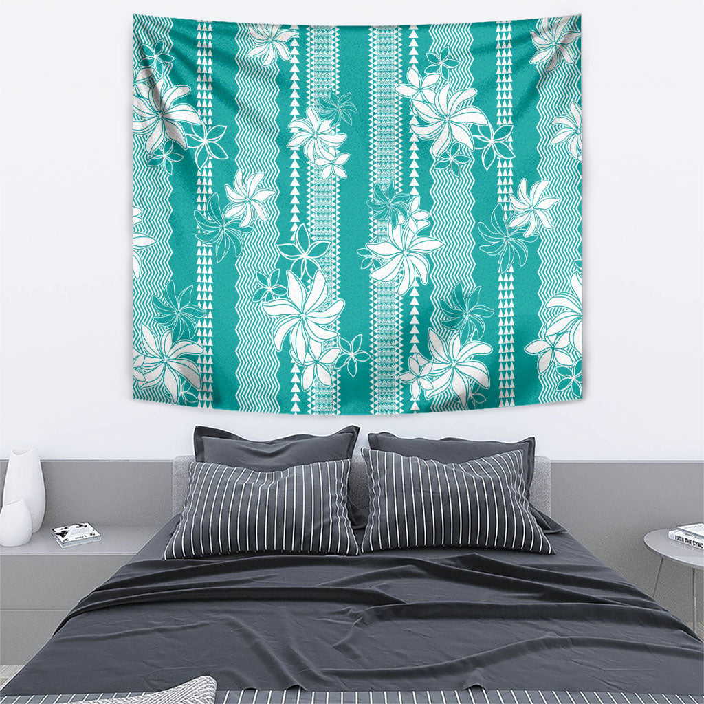 Hawaii Kakau Tribal Tapestry With Teal Tiare