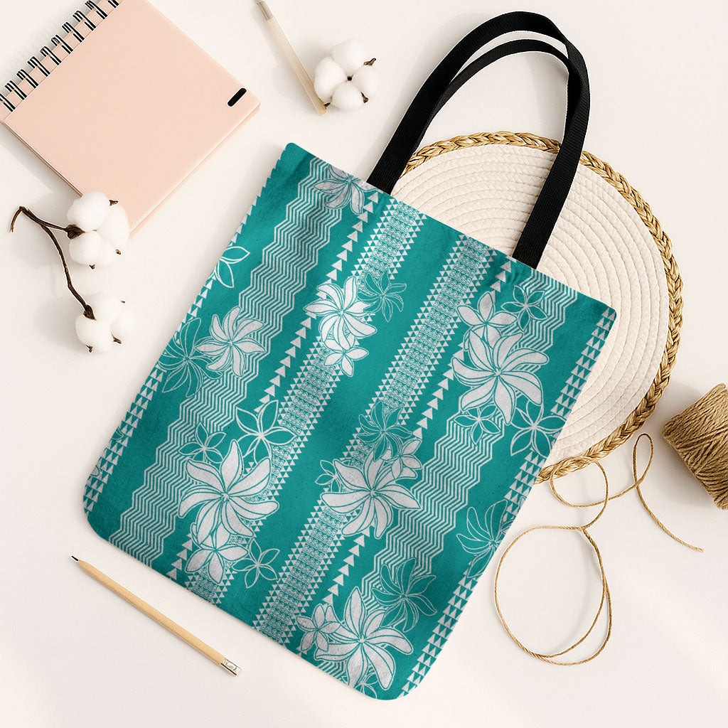 Hawaii Kakau Tribal Tote Bag With Teal Tiare