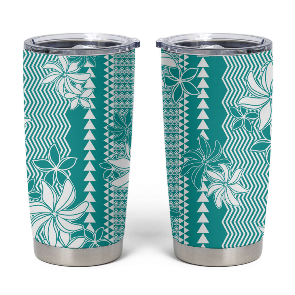 Hawaii Kakau Tribal Tumbler Cup With Teal Tiare