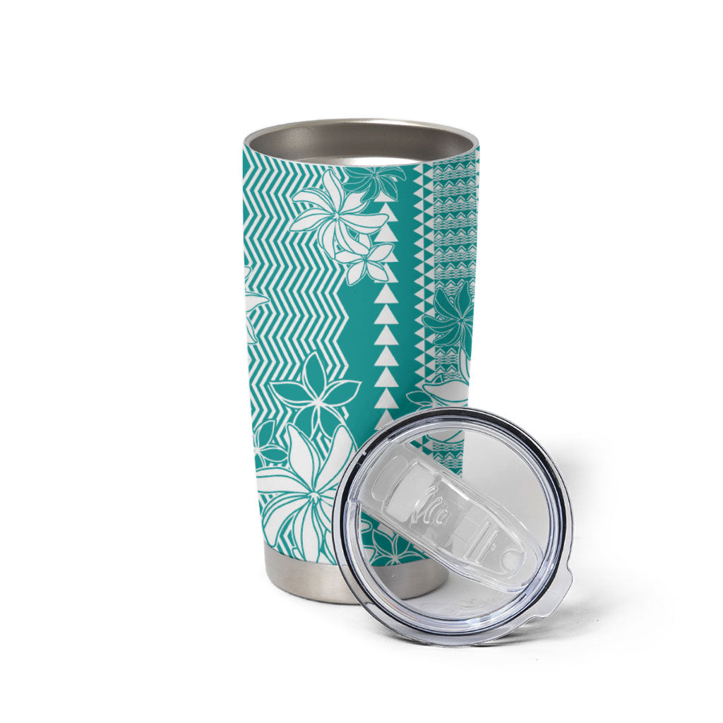 Hawaii Kakau Tribal Tumbler Cup With Teal Tiare