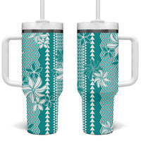 Hawaii Kakau Tribal Tumbler With Handle With Teal Tiare LT05 One Size: 40 oz Teal - Polynesian Pride