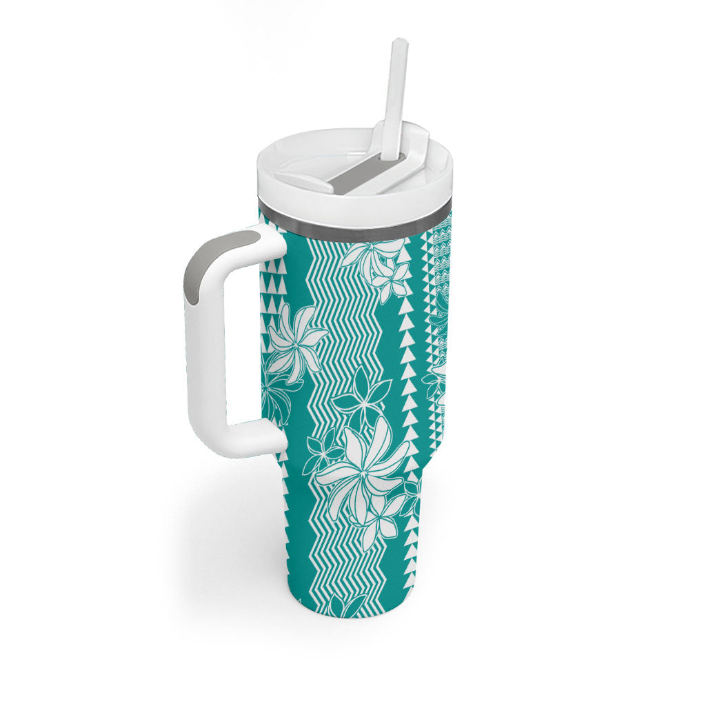 Hawaii Kakau Tribal Tumbler With Handle With Teal Tiare LT05 - Polynesian Pride