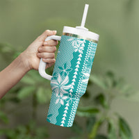 Hawaii Kakau Tribal Tumbler With Handle With Teal Tiare LT05 - Polynesian Pride