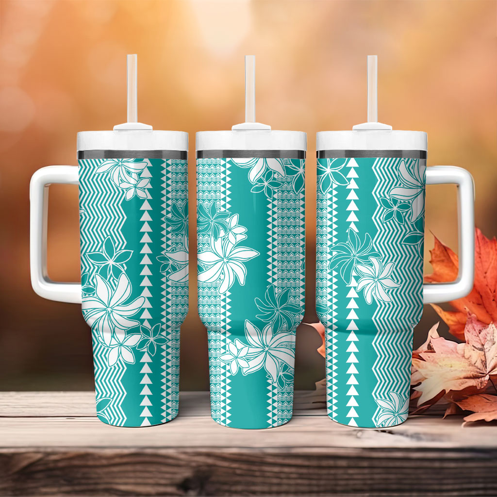 Hawaii Kakau Tribal Tumbler With Handle With Teal Tiare LT05 - Polynesian Pride