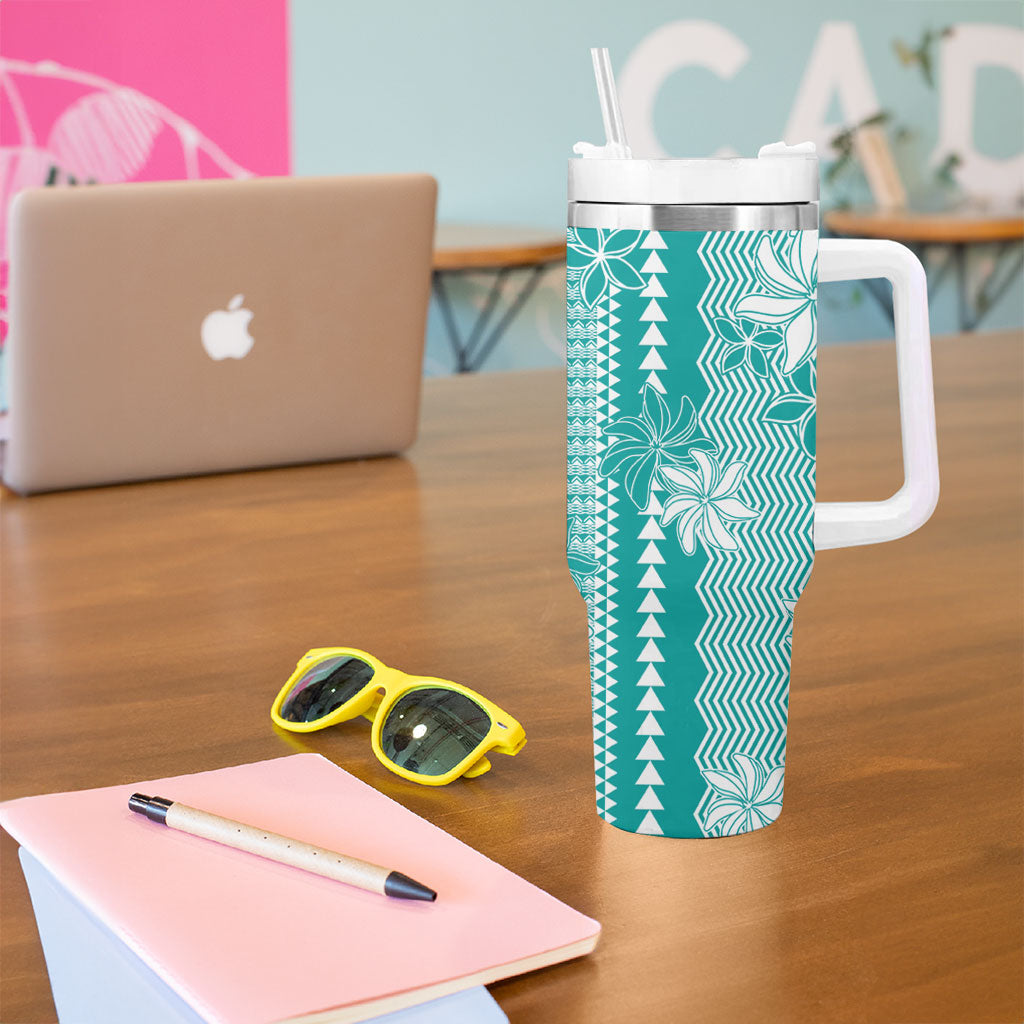 Hawaii Kakau Tribal Tumbler With Handle With Teal Tiare LT05 - Polynesian Pride