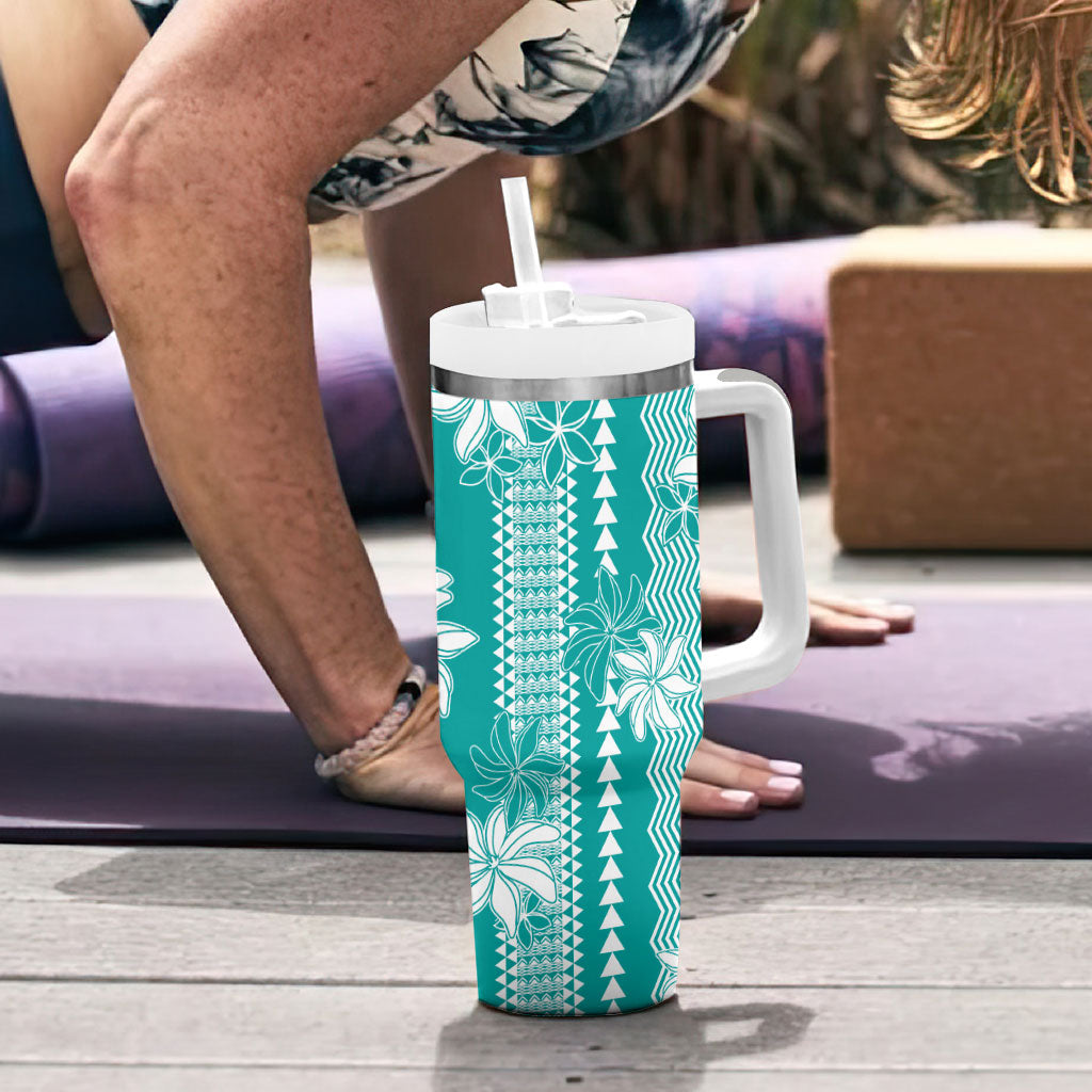 Hawaii Kakau Tribal Tumbler With Handle With Teal Tiare LT05 - Polynesian Pride
