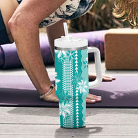 Hawaii Kakau Tribal Tumbler With Handle With Teal Tiare LT05 - Polynesian Pride