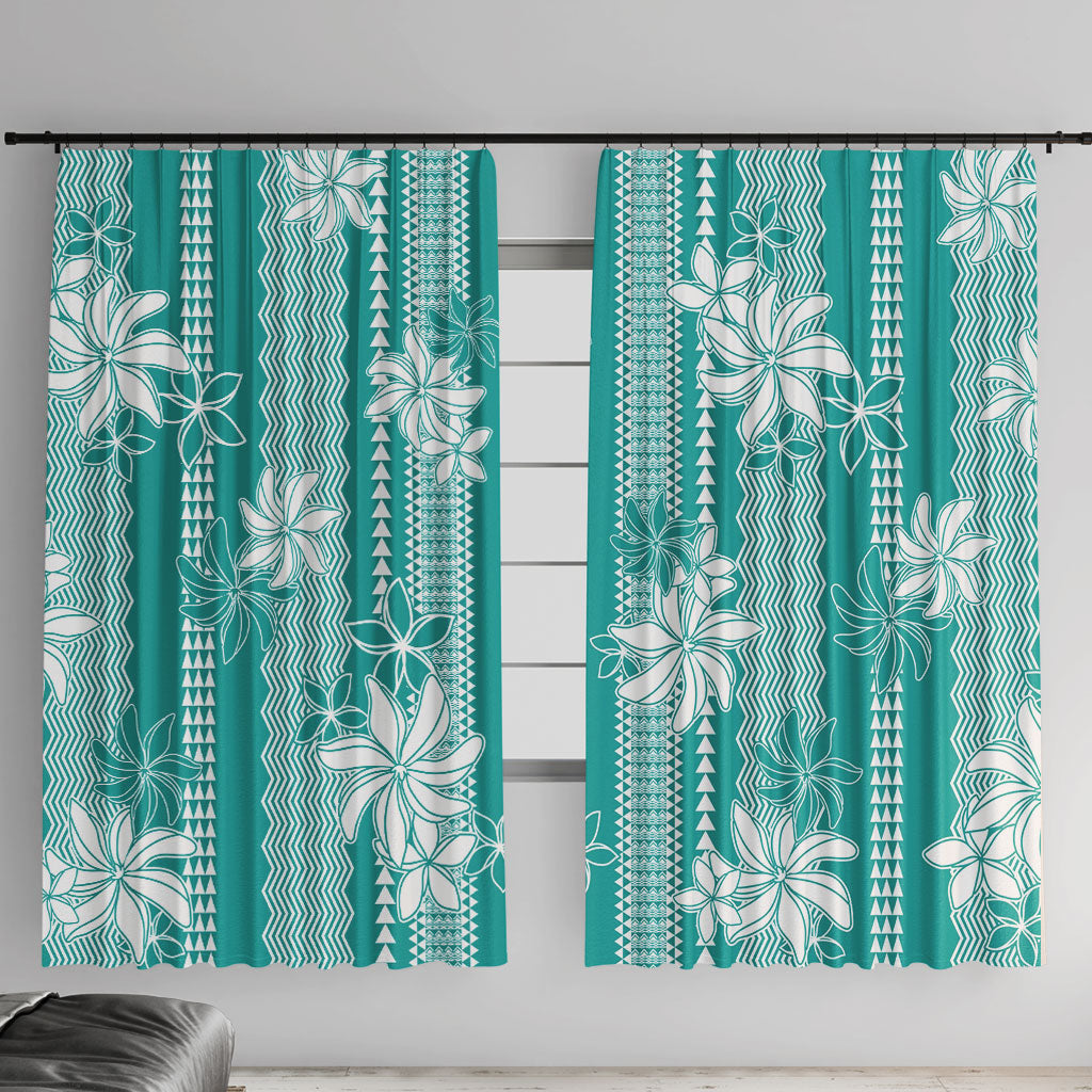 Hawaii Kakau Tribal Window Curtain With Teal Tiare LT05 With Hooks Teal - Polynesian Pride