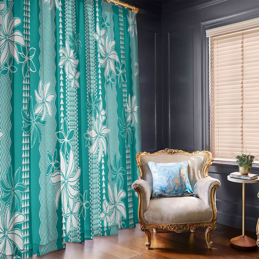 Hawaii Kakau Tribal Window Curtain With Teal Tiare LT05 - Polynesian Pride
