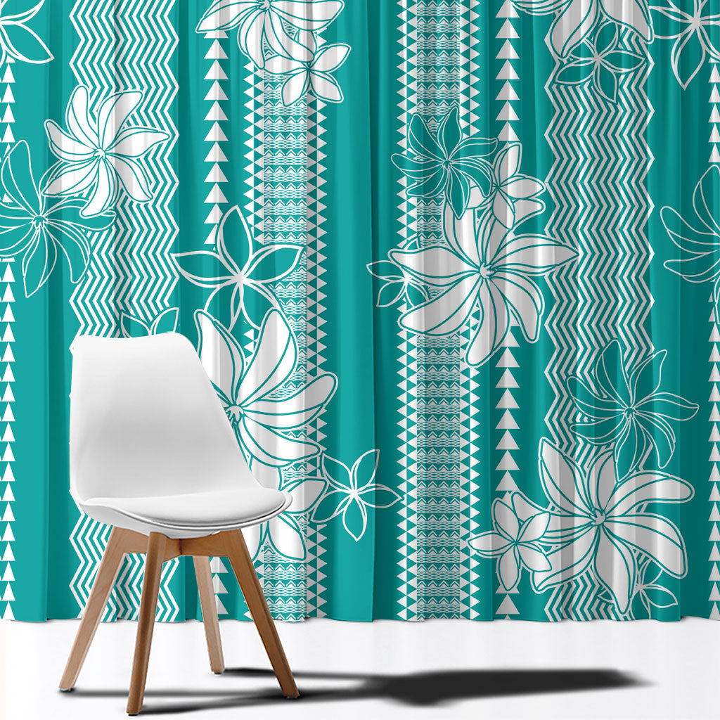 Hawaii Kakau Tribal Window Curtain With Teal Tiare LT05 - Polynesian Pride