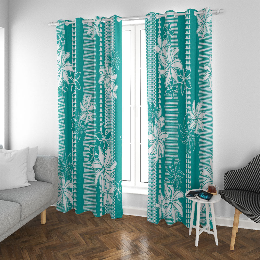 Hawaii Kakau Tribal Window Curtain With Teal Tiare LT05 With Grommets Teal - Polynesian Pride