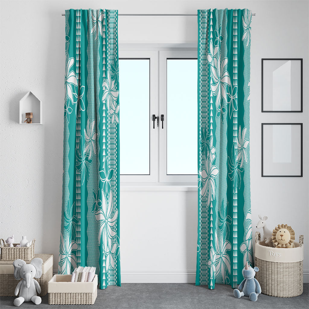 Hawaii Kakau Tribal Window Curtain With Teal Tiare LT05 - Polynesian Pride