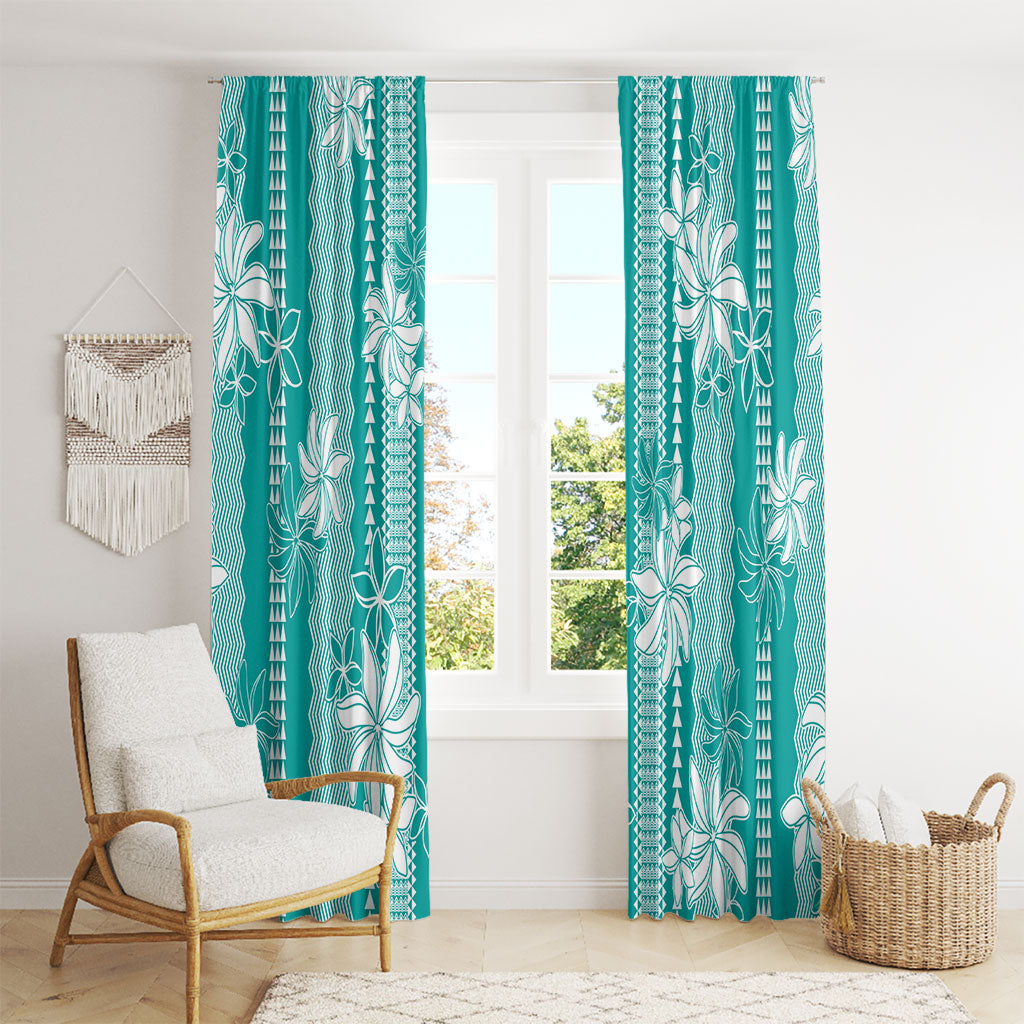 Hawaii Kakau Tribal Window Curtain With Teal Tiare LT05 - Polynesian Pride