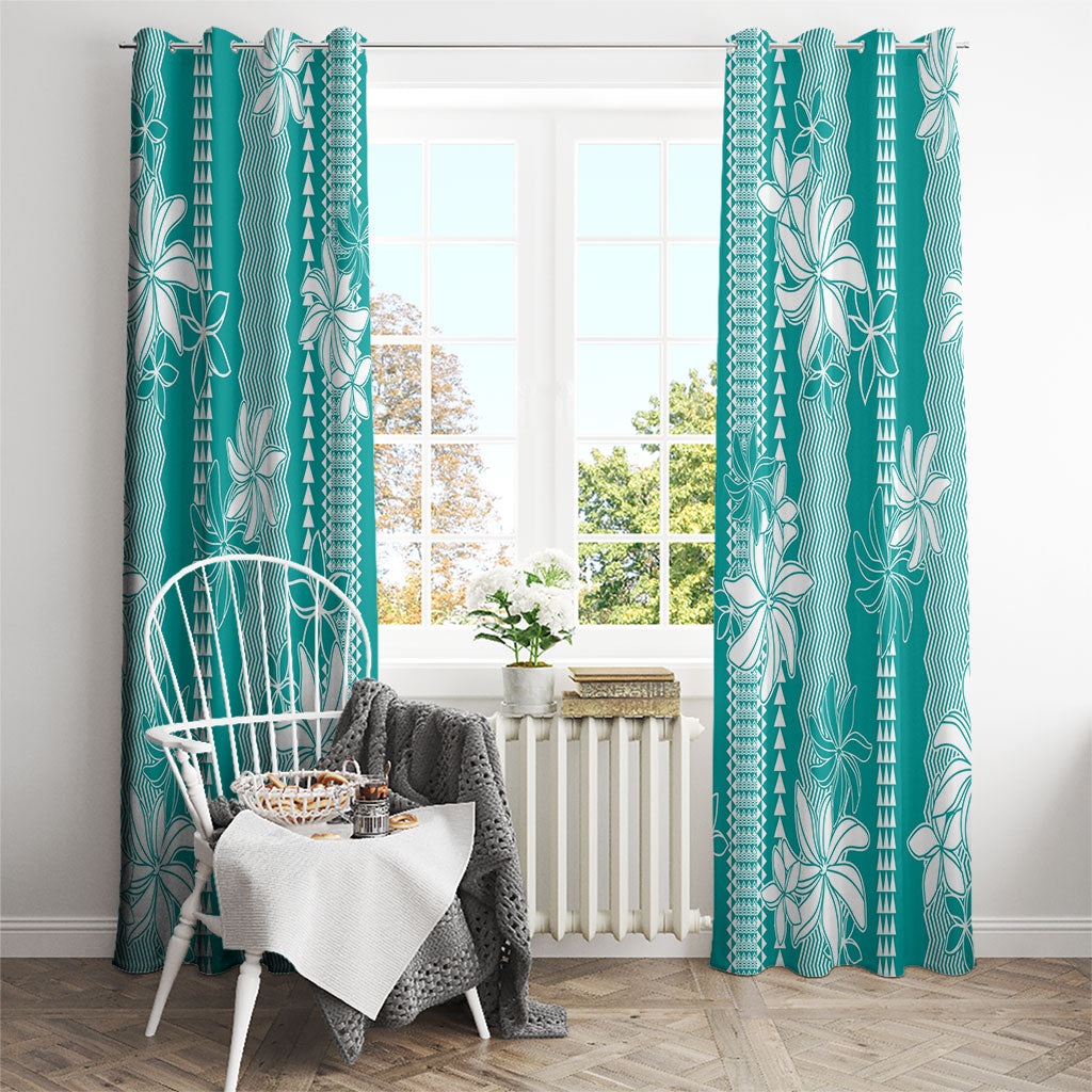 Hawaii Kakau Tribal Window Curtain With Teal Tiare LT05 - Polynesian Pride