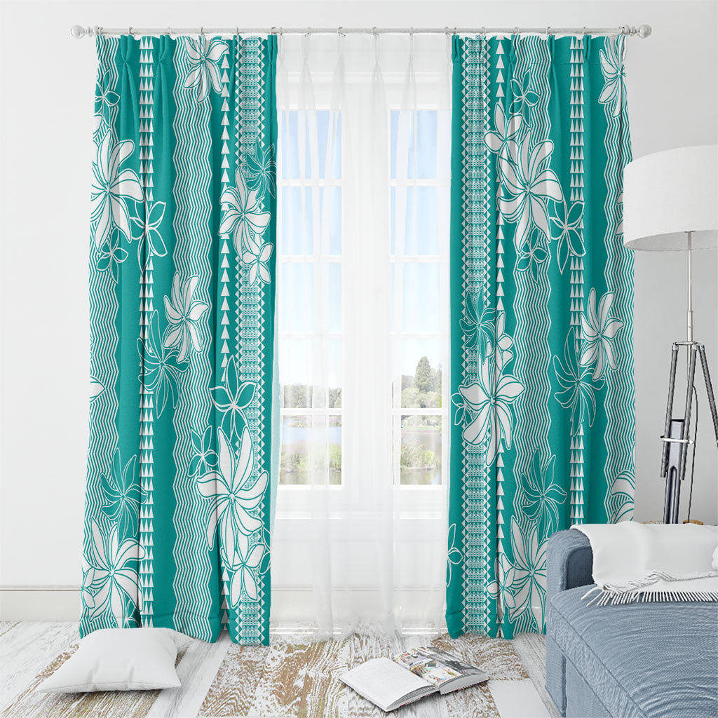 Hawaii Kakau Tribal Window Curtain With Teal Tiare LT05 - Polynesian Pride