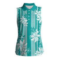 Hawaii Kakau Tribal Women Sleeveless Polo Shirt With Teal Tiare LT05 Female Teal - Polynesian Pride