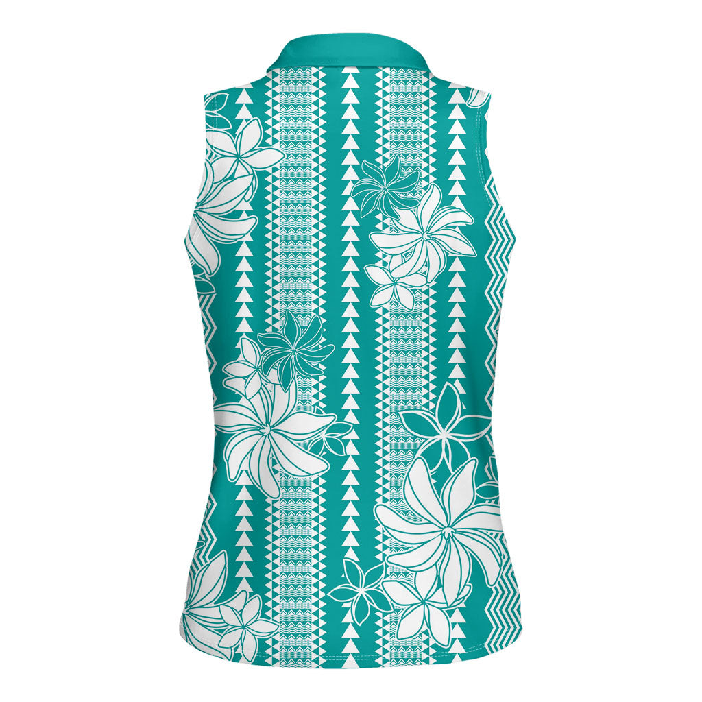 Hawaii Kakau Tribal Women Sleeveless Polo Shirt With Teal Tiare LT05 - Polynesian Pride