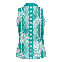 Hawaii Kakau Tribal Women Sleeveless Polo Shirt With Teal Tiare LT05 - Polynesian Pride