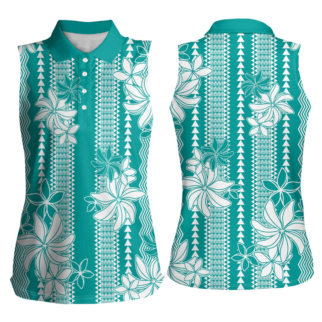Hawaii Kakau Tribal Women Sleeveless Polo Shirt With Teal Tiare LT05 - Polynesian Pride