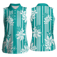 Hawaii Kakau Tribal Women Sleeveless Polo Shirt With Teal Tiare LT05 - Polynesian Pride