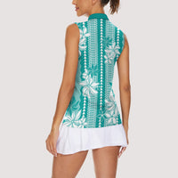 Hawaii Kakau Tribal Women Sleeveless Polo Shirt With Teal Tiare LT05 - Polynesian Pride