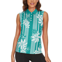 Hawaii Kakau Tribal Women Sleeveless Polo Shirt With Teal Tiare LT05 - Polynesian Pride