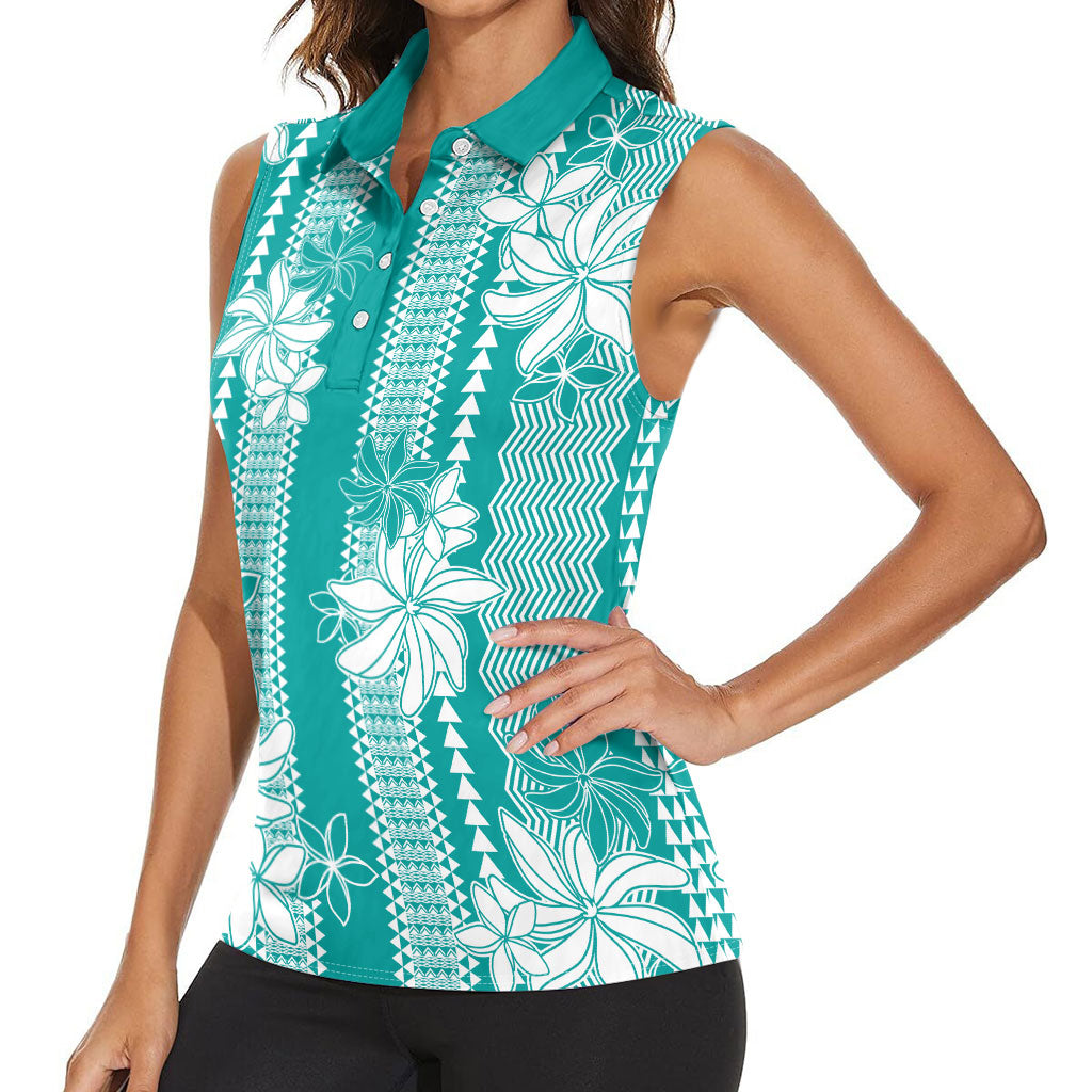 Hawaii Kakau Tribal Women Sleeveless Polo Shirt With Teal Tiare LT05 - Polynesian Pride