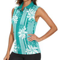 Hawaii Kakau Tribal Women Sleeveless Polo Shirt With Teal Tiare LT05 - Polynesian Pride