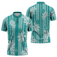Hawaii Kakau Tribal Zipper Polo Shirt With Teal Tiare