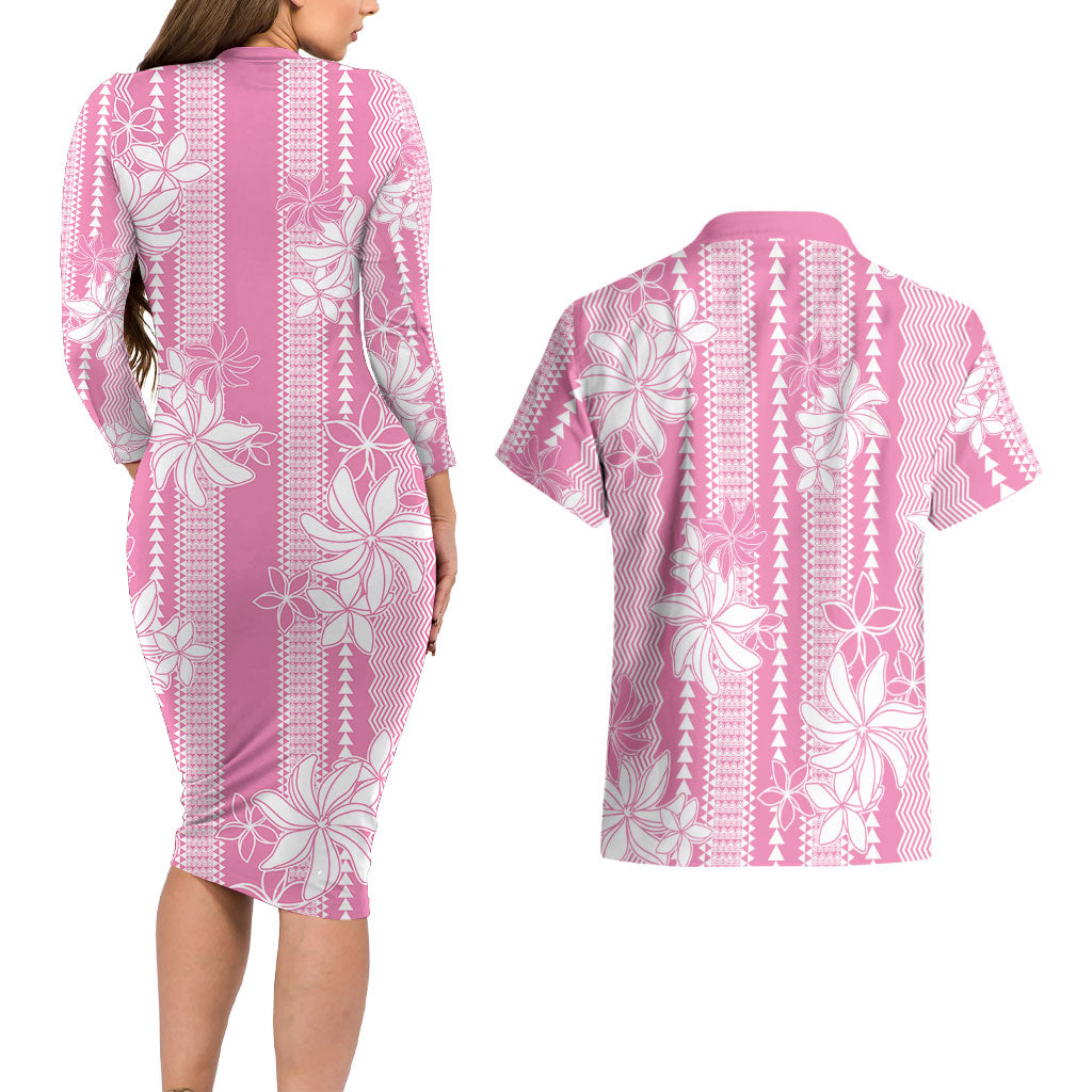 Hawaii Kakau Tribal Couples Matching Long Sleeve Bodycon Dress and Hawaiian Shirt With Pink Tiare LT05 - Polynesian Pride