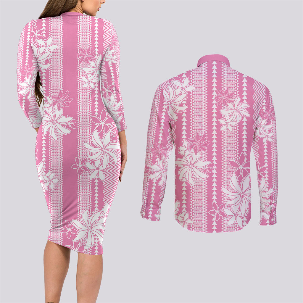 Hawaii Kakau Tribal Couples Matching Long Sleeve Bodycon Dress and Long Sleeve Button Shirt With Pink Tiare LT05 - Polynesian Pride