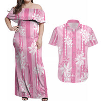 Hawaii Kakau Tribal Couples Matching Off Shoulder Maxi Dress and Hawaiian Shirt With Pink Tiare LT05 Pink - Polynesian Pride