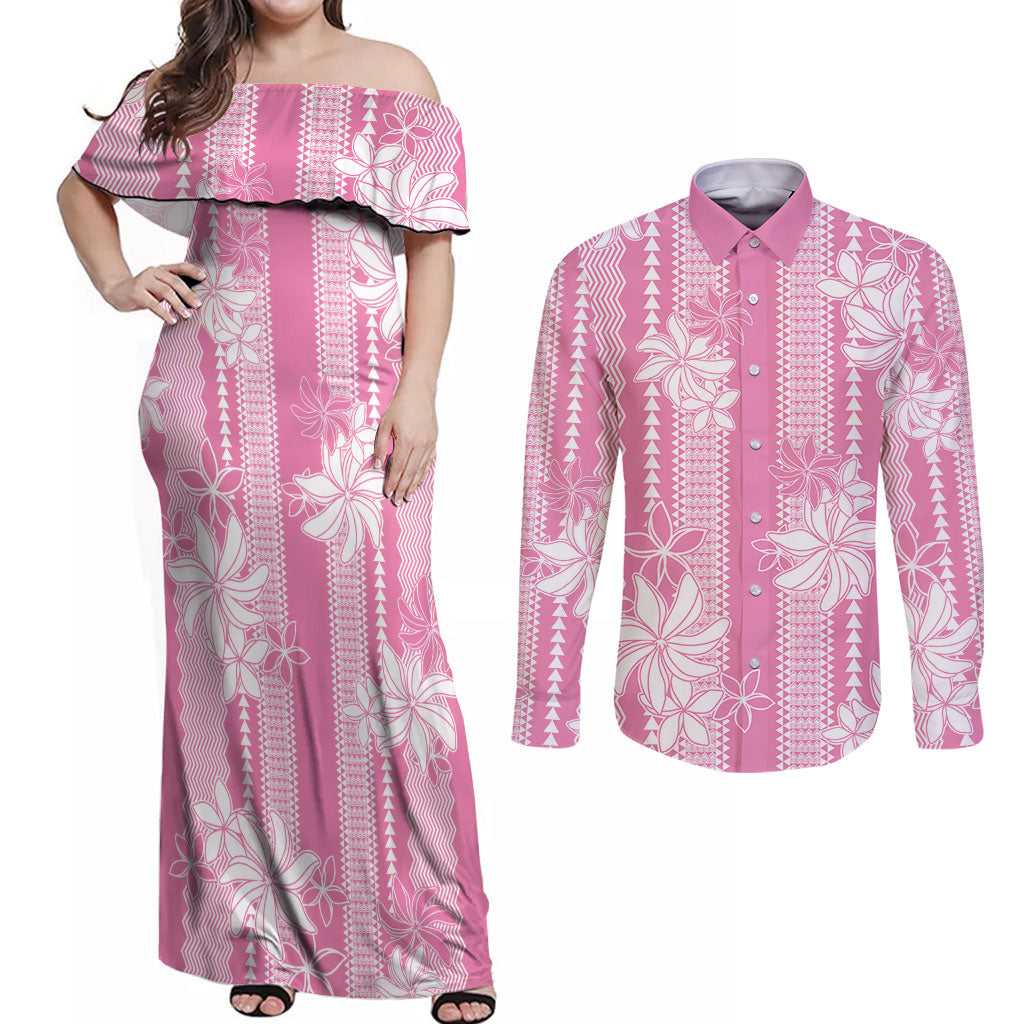 Hawaii Kakau Tribal Couples Matching Off Shoulder Maxi Dress and Long Sleeve Button Shirt With Pink Tiare LT05 Pink - Polynesian Pride