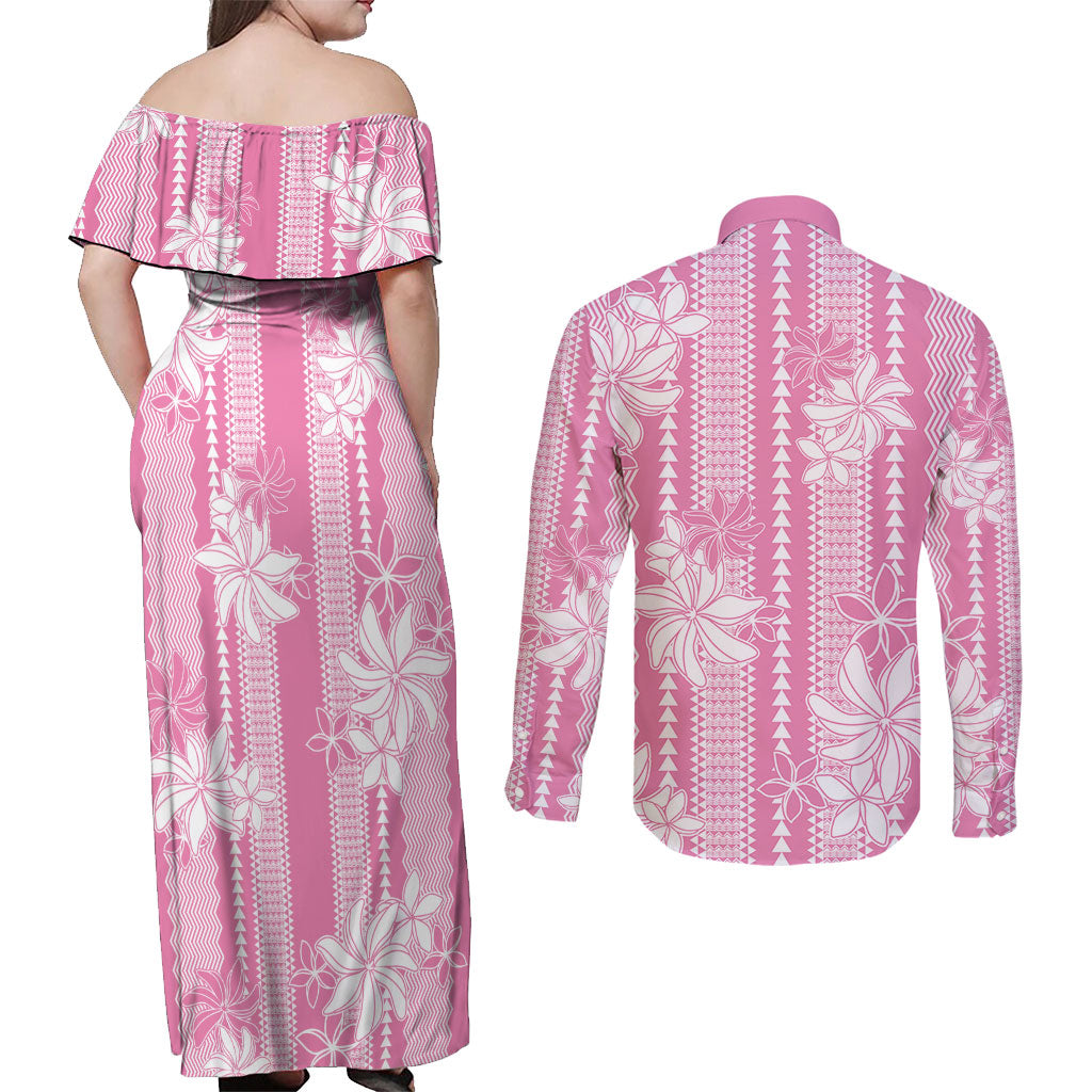 Hawaii Kakau Tribal Couples Matching Off Shoulder Maxi Dress and Long Sleeve Button Shirt With Pink Tiare LT05 - Polynesian Pride