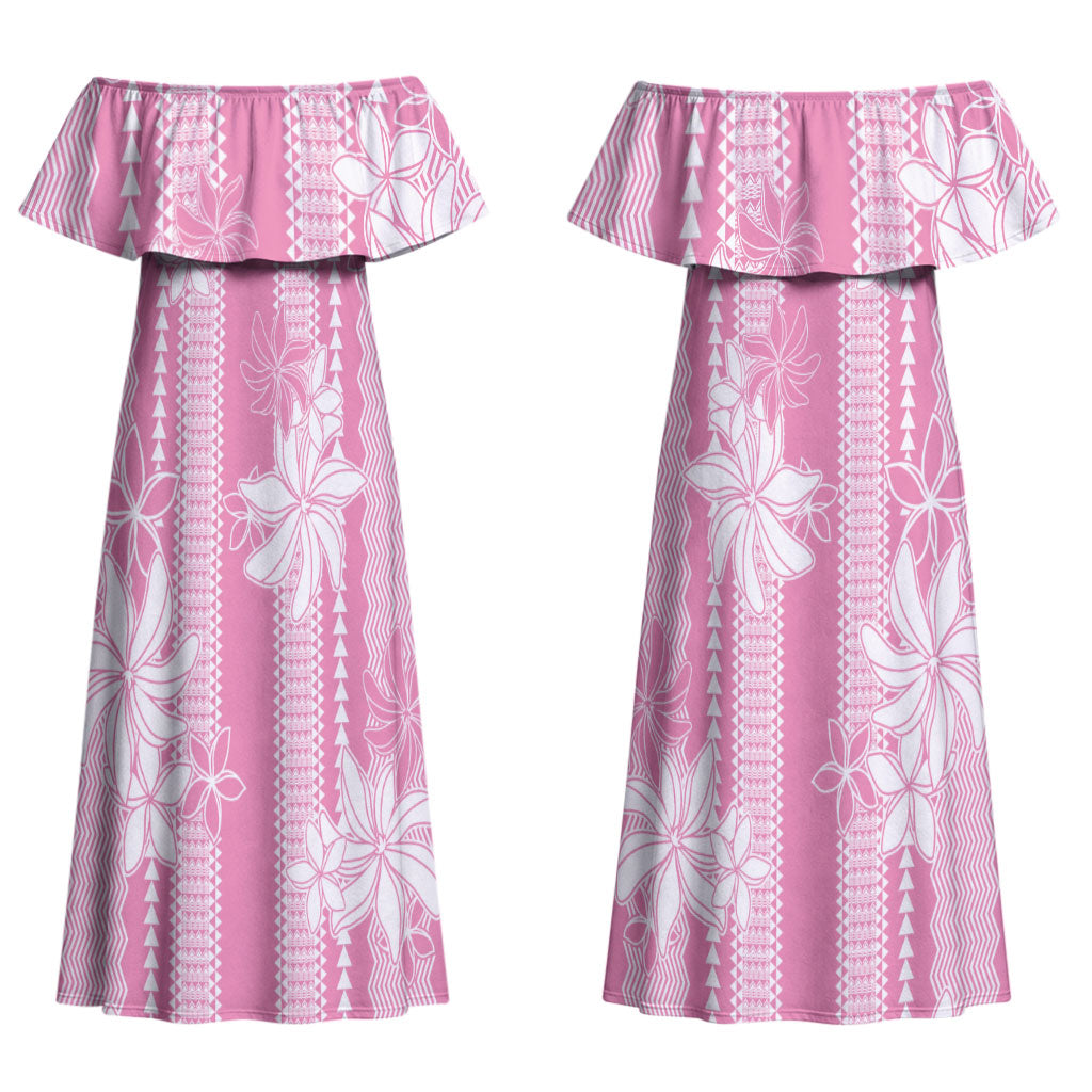 Hawaii Kakau Tribal Couples Matching Off Shoulder Maxi Dress and Long Sleeve Button Shirt With Pink Tiare LT05 - Polynesian Pride