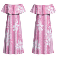 Hawaii Kakau Tribal Couples Matching Off Shoulder Maxi Dress and Long Sleeve Button Shirt With Pink Tiare LT05 - Polynesian Pride