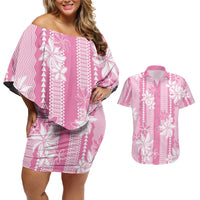 Hawaii Kakau Tribal Couples Matching Off Shoulder Short Dress and Hawaiian Shirt With Pink Tiare LT05 Pink - Polynesian Pride