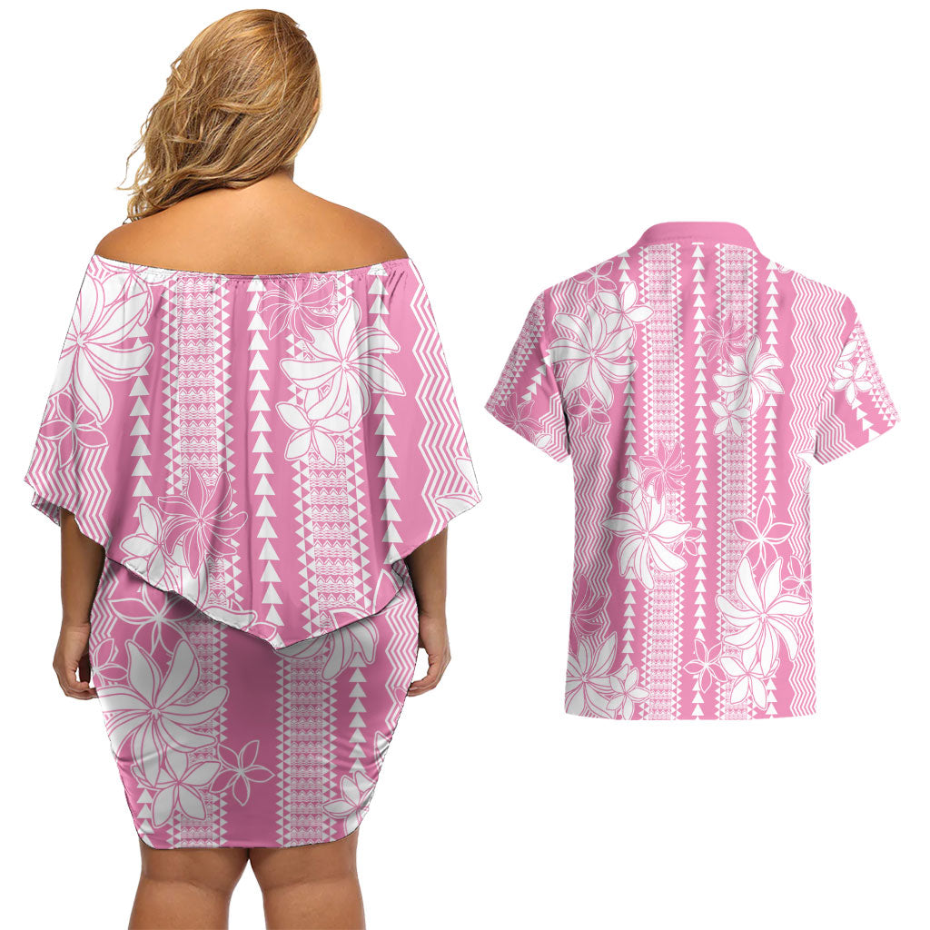 Hawaii Kakau Tribal Couples Matching Off Shoulder Short Dress and Hawaiian Shirt With Pink Tiare LT05 - Polynesian Pride